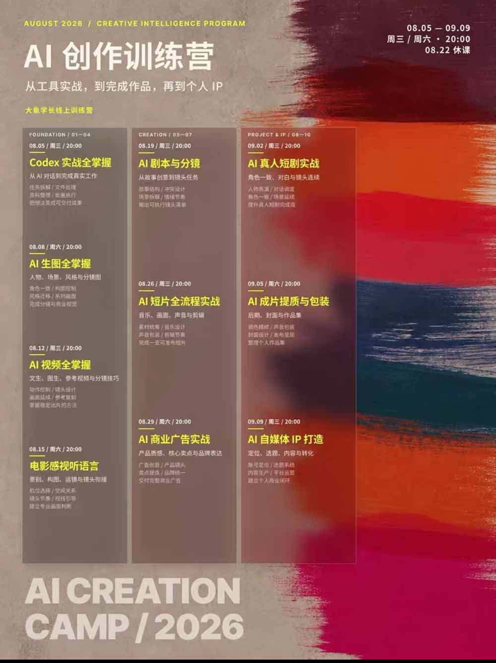 AI+创作训练营26年8月第5期：从Codex、AI生图视频到剧本分镜与电影感短片，跑通个人IP商业闭环