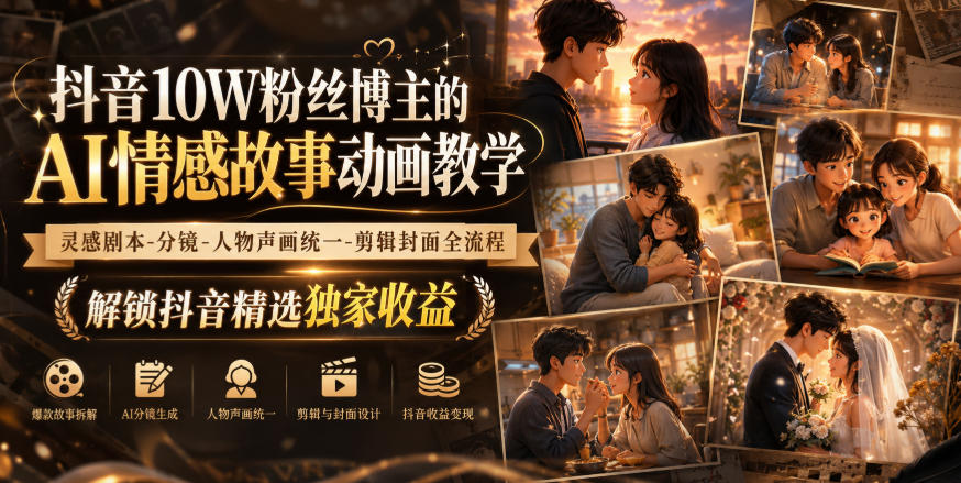 抖音10W粉丝博主的AI情感故事动画教学，灵感剧本‑分镜‑人物声画统一‑剪辑封面全流程，解锁抖音精选独家收益网赚项目-副业赚钱-互联网创业-资源整合老八网赚资源