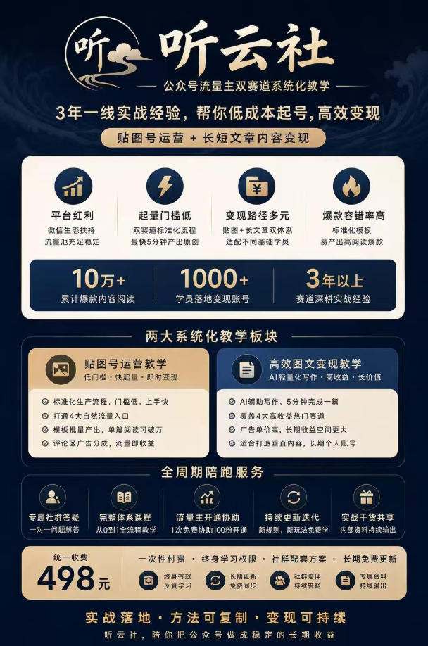 c9d3c44d23d4ae79b278ff2db8b79dde.jpeg 听云社公众号流量主双赛道系统化教学,3年一线实战经验,帮你低成本起号,高效变现,贴图号运营+长短文章内容变现