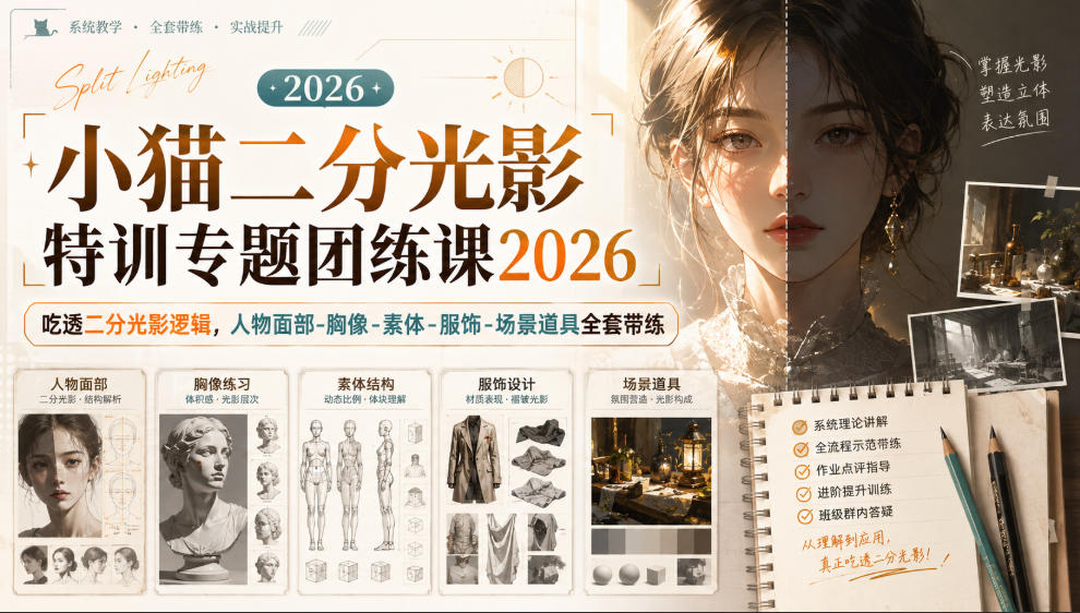 d64fa4a0e57700280a8730feeea35098.jpeg 小猫二分光影特训专题团练课2026|吃透二分光影逻辑,人物面部‑胸像‑素体‑服饰‑场景道具全套带练,高清画质附赠课件与笔刷