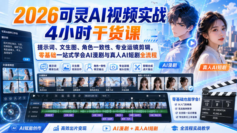 2026可灵AI视频实战4小时干货课｜提示词、文生图、角色一致性、专业运镜剪辑，零基础一站式学会AI漫剧与真人AI短剧全流程网赚项目-副业赚钱-互联网创业-资源整合老八网赚资源