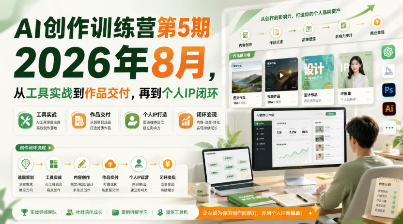 AI创作训练营第5期2026年8月，从工具实战到作品交付，再到个人IP闭环网赚项目-副业赚钱-互联网创业-资源整合老八网赚资源