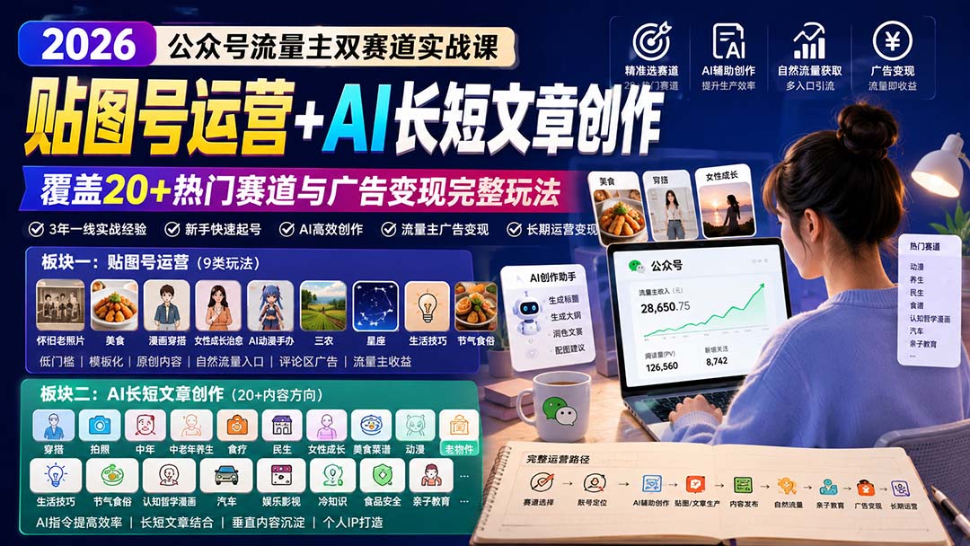 公众号流量主双赛道实战课：贴图号运营+AI长短文章创作，覆盖20+热门赛道与广告变现完整玩法网赚项目-副业赚钱-互联网创业-资源整合老八网赚资源