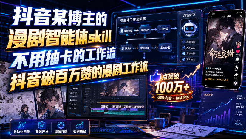 抖音某博主的漫剧智能体skill，不用抽卡的工作流，抖音破百万赞的漫剧工作流(更新)网赚项目-副业赚钱-互联网创业-资源整合老八网赚资源