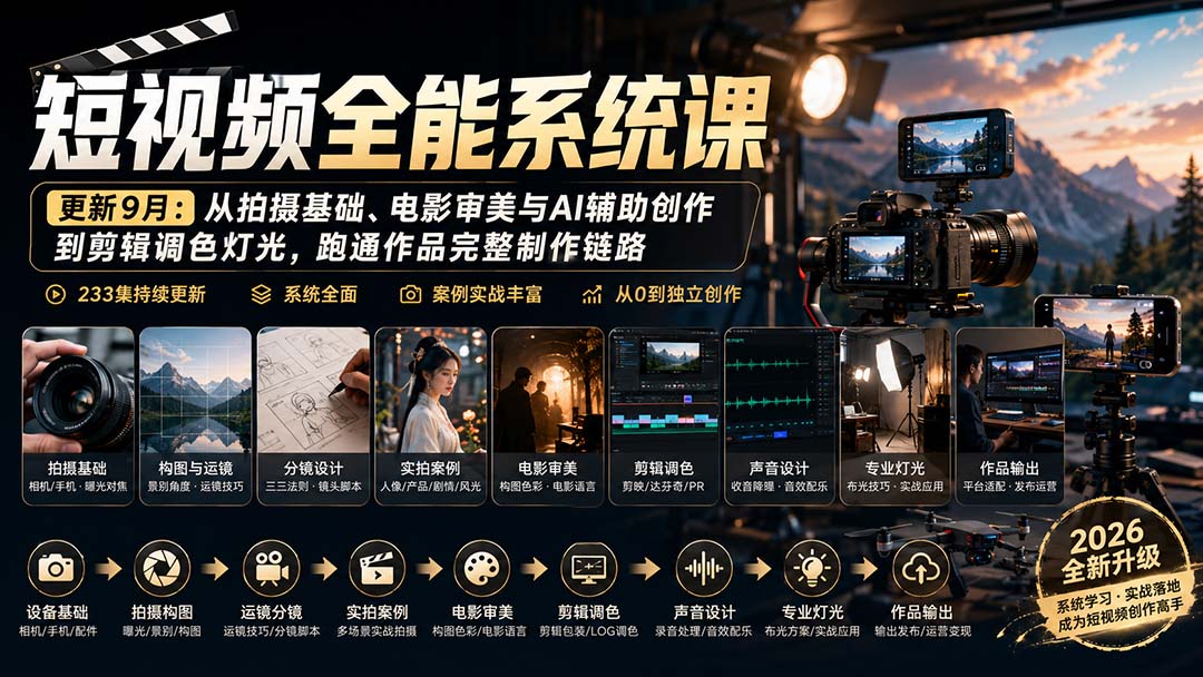 短视频全能系统课-更新8月233集：从拍摄基础、电影审美与AI辅助创作到剪辑调色灯光，跑通作品完整制作链路网赚项目-副业赚钱-互联网创业-资源整合老八网赚资源