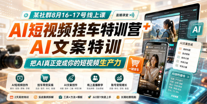 某社群8月16-17号线上课，AI短视频挂车特训营+AI文案特训，把AI真正变成你的短视频生产力网赚项目-副业赚钱-互联网创业-资源整合老八网赚资源