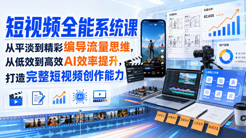 短视频全能系统课，从平淡到精彩编导流量思维，从低效到高效AI效率提升，打造完整短视频创作能力(2026年8月30更新233集)网赚项目-副业赚钱-互联网创业-资源整合老八网赚资源