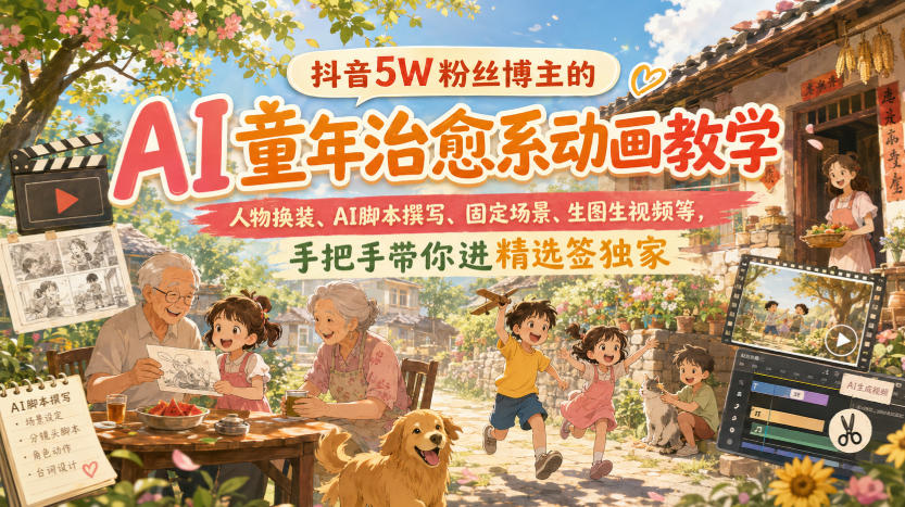 9dcfa32b140472861c4b5f809c2e1991.jpeg 抖音5W粉丝博主的AI童年治愈系动画教学,人物换装、AI脚本撰写、固定场景、生图生视频等,手把手带你进精选签独家
