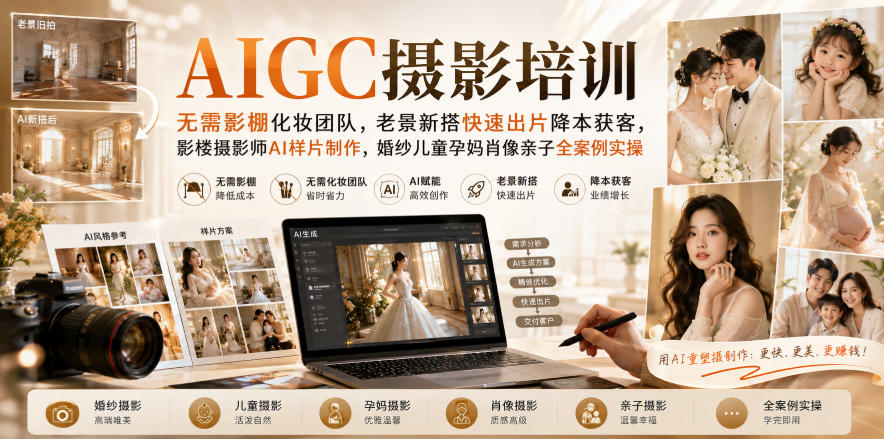 AIGC摄影培训｜无需影棚化妆团队，老景新搭快速出片降本获客，影楼摄影师AI样片制作，婚纱儿童孕妈肖像亲子全案例实操网赚项目-副业赚钱-互联网创业-资源整合老八网赚资源