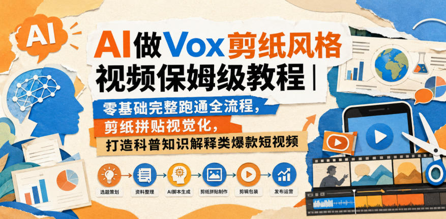 AI做Vox剪纸风格视频保姆级教程｜零基础完整跑通全流程，剪纸拼贴视觉化，打造科普知识解释类爆款短视频网赚项目-副业赚钱-互联网创业-资源整合老八网赚资源
