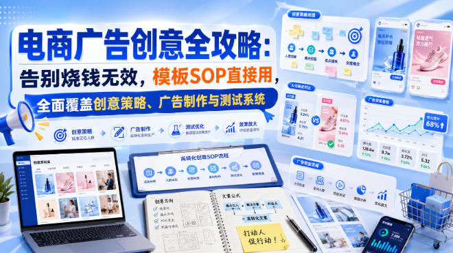 电商广告创意全攻略：告别烧钱无效，模板SOP直接用，全面覆盖创意策略、广告制作与测试系统【原创双语字幕】网赚项目-副业赚钱-互联网创业-资源整合老八网赚资源