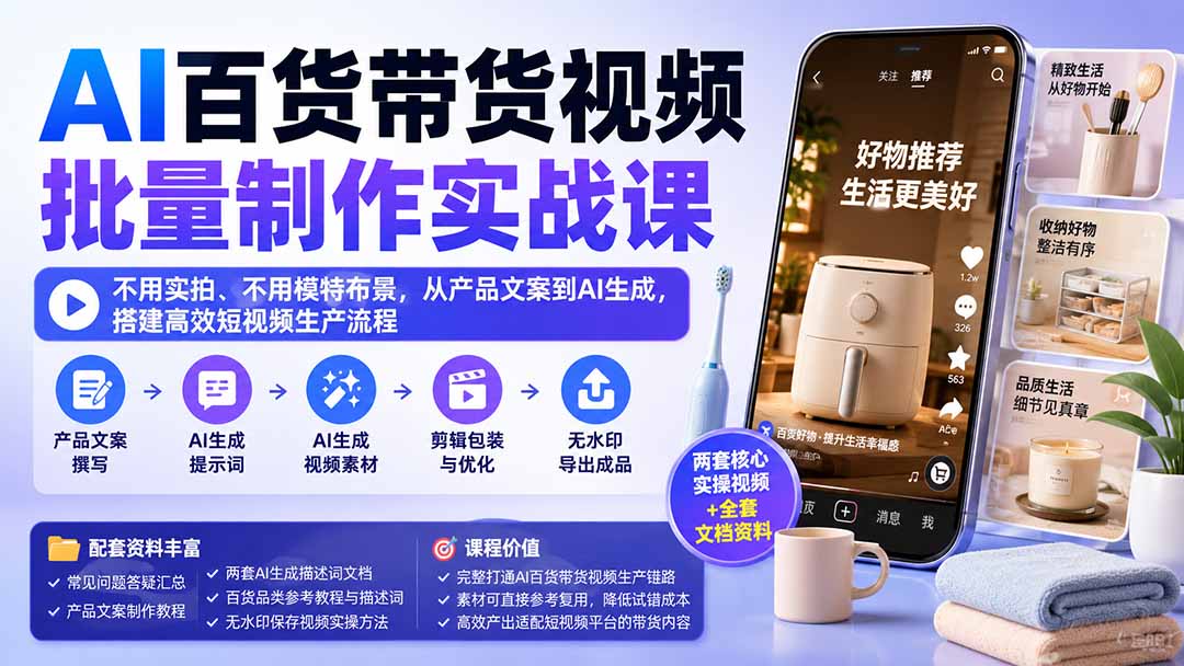 AI百货带货视频批量制作实战课：不用实拍、不用模特布景，从产品文案到AI生成，搭建高效短视频生产流程网赚项目-副业赚钱-互联网创业-资源整合老八网赚资源