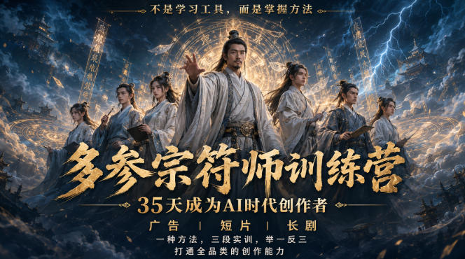 1145cfa5a1859b687875aea2412d73ad.jpeg 多参宗符师训练营,35天成为AI时代创作者,广告|短片|长剧,一种方法,三段实训,举一反三,打通全品类的创作能力