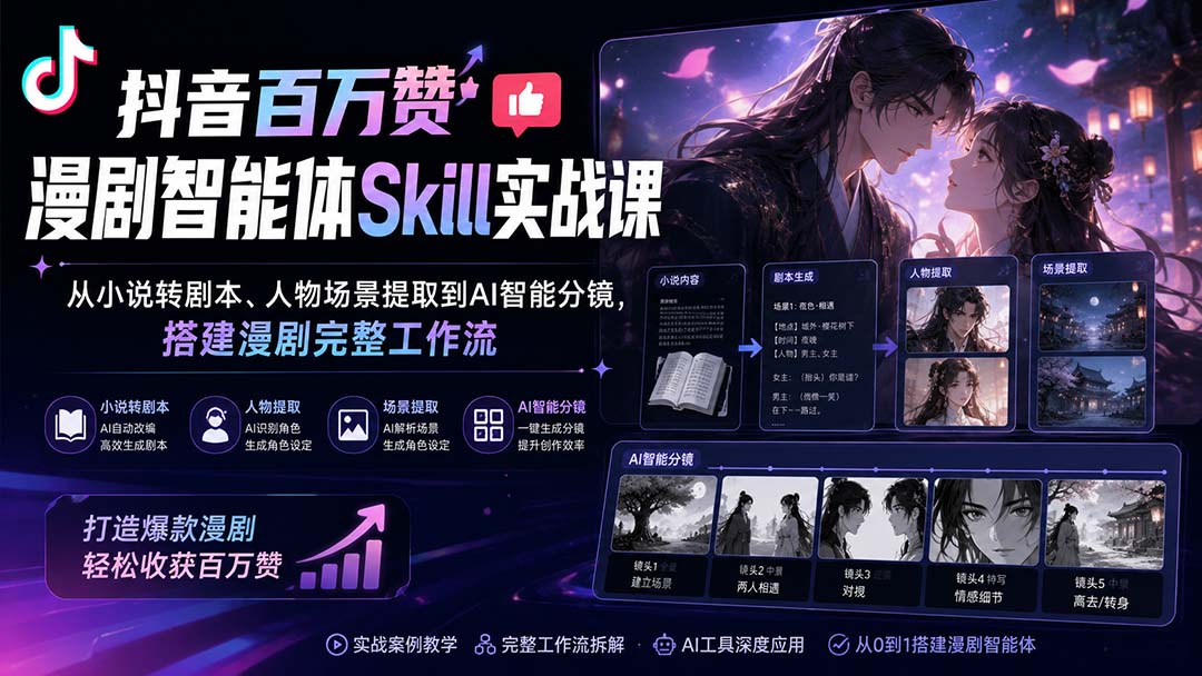 抖音百万赞漫剧智能体Skill实战课：从小说转剧本、人物场景提取到AI智能分镜，搭建漫剧完整工作流网赚项目-副业赚钱-互联网创业-资源整合老八网赚资源