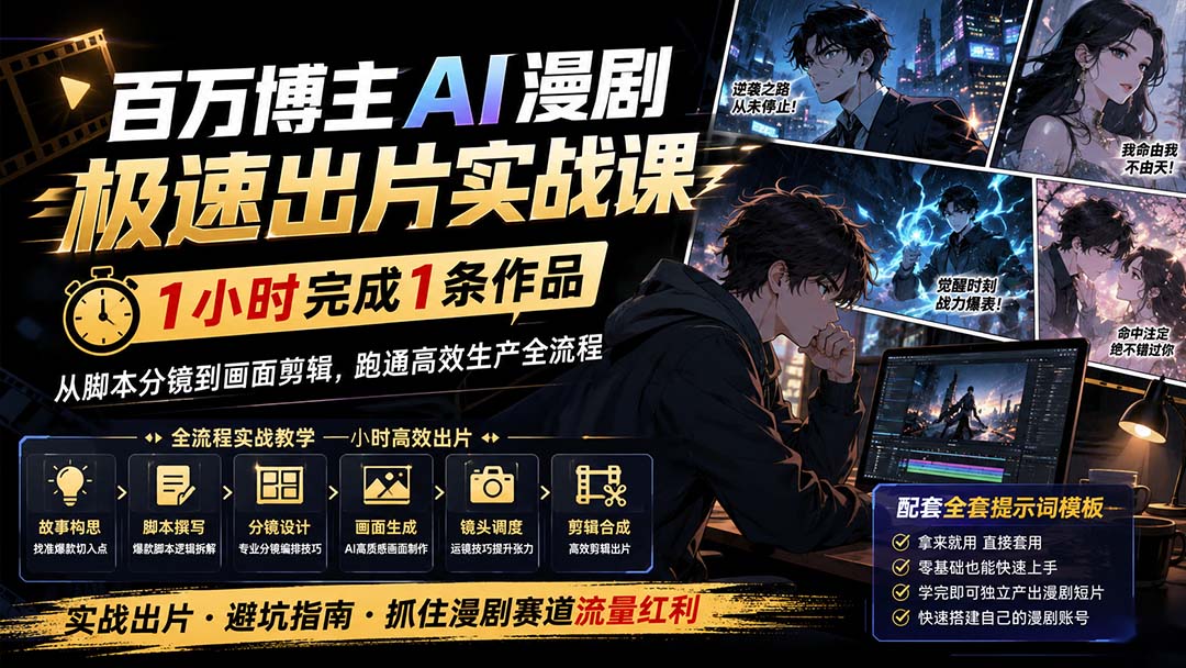 百万博主AI漫剧极速出片实战课：1小时产出条作品，从脚本分镜到画面剪辑，跑通高效生产全流程网赚项目-副业赚钱-互联网创业-资源整合老八网赚资源