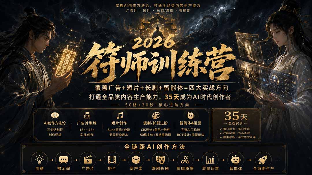 符师训练营-35天成为AI时代创作者，广告+短片+漫剧+智能体四大实战方向，掌握从创意到上线的完整工作流网赚项目-副业赚钱-互联网创业-资源整合老八网赚资源