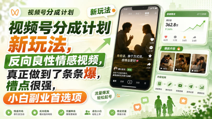视频号分成计划新玩法，反向良性情感视频，真正做到了条条爆，槽点很强，小白副业首选项网赚项目-副业赚钱-互联网创业-资源整合老八网赚资源