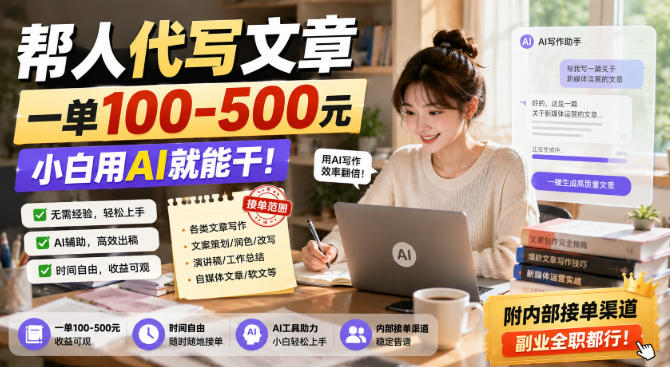 帮人代写文章，一单100-500，小白用AI就能干，附内部接单渠道，副业全职都行【揭秘】网赚项目-副业赚钱-互联网创业-资源整合老八网赚资源