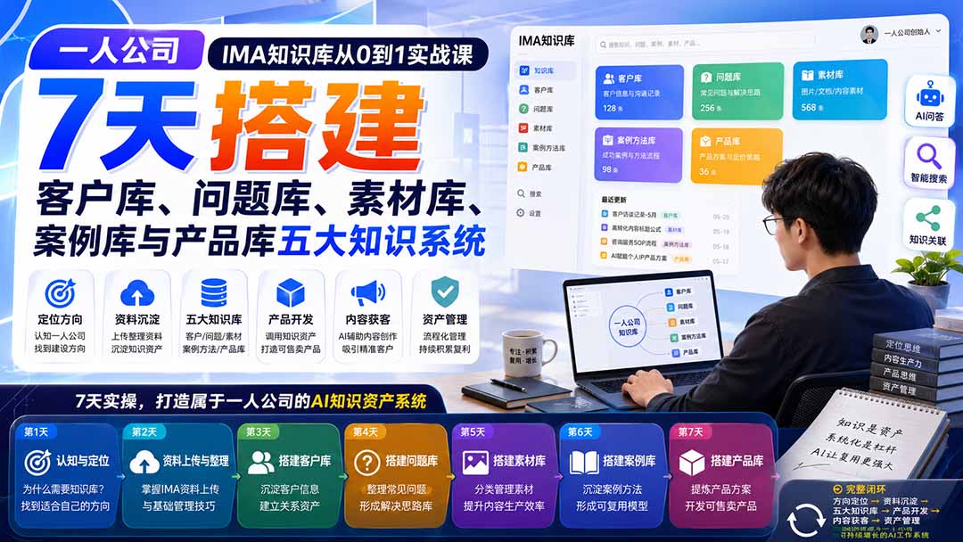 ecc2ee8c5bed249e213721733351fb30.jpeg 一人公司IMA知识库从0到1实战课:7天搭建客户库、问题库、素材库、案例库与产品库五大知识系统