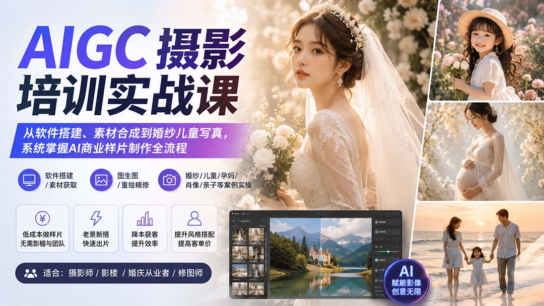 AIGC摄影培训实战课：从软件搭建、素材合成到婚纱儿童写真，系统掌握AI商业样片制作全流程网赚项目-副业赚钱-互联网创业-资源整合老八网赚资源