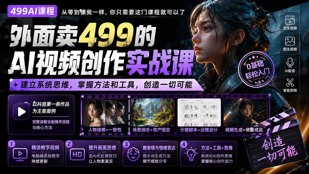 1e63741ed595b0f08f4355146ee91337.jpeg 外面卖499的AI视频创作实战课:建立系统思维,掌握方法和工具,创造一切可能。