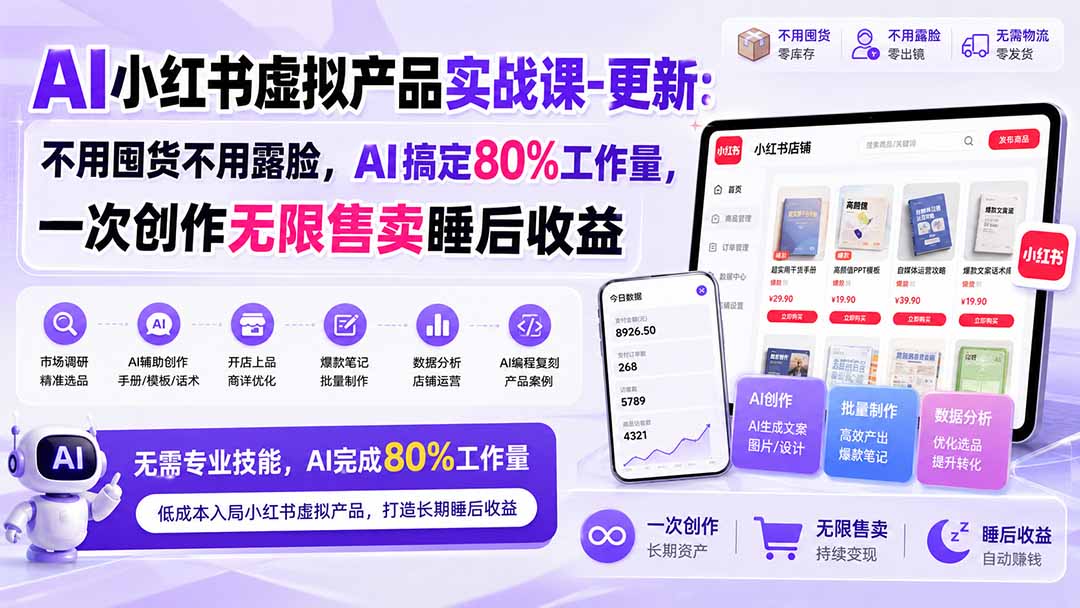AI小红书虚拟产品实战课-更新：不用囤货不用露脸，AI搞定80%工作量，一次创作无限售卖睡后收益