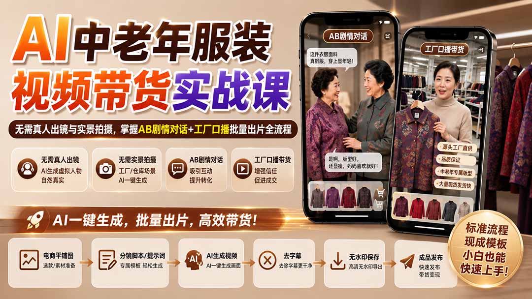 AI中老年服装视频带货实战课：无需真人出镜与实景拍摄，掌握AB剧情对话+工厂口播批量出片全流程网赚项目-副业赚钱-互联网创业-资源整合老八网赚资源