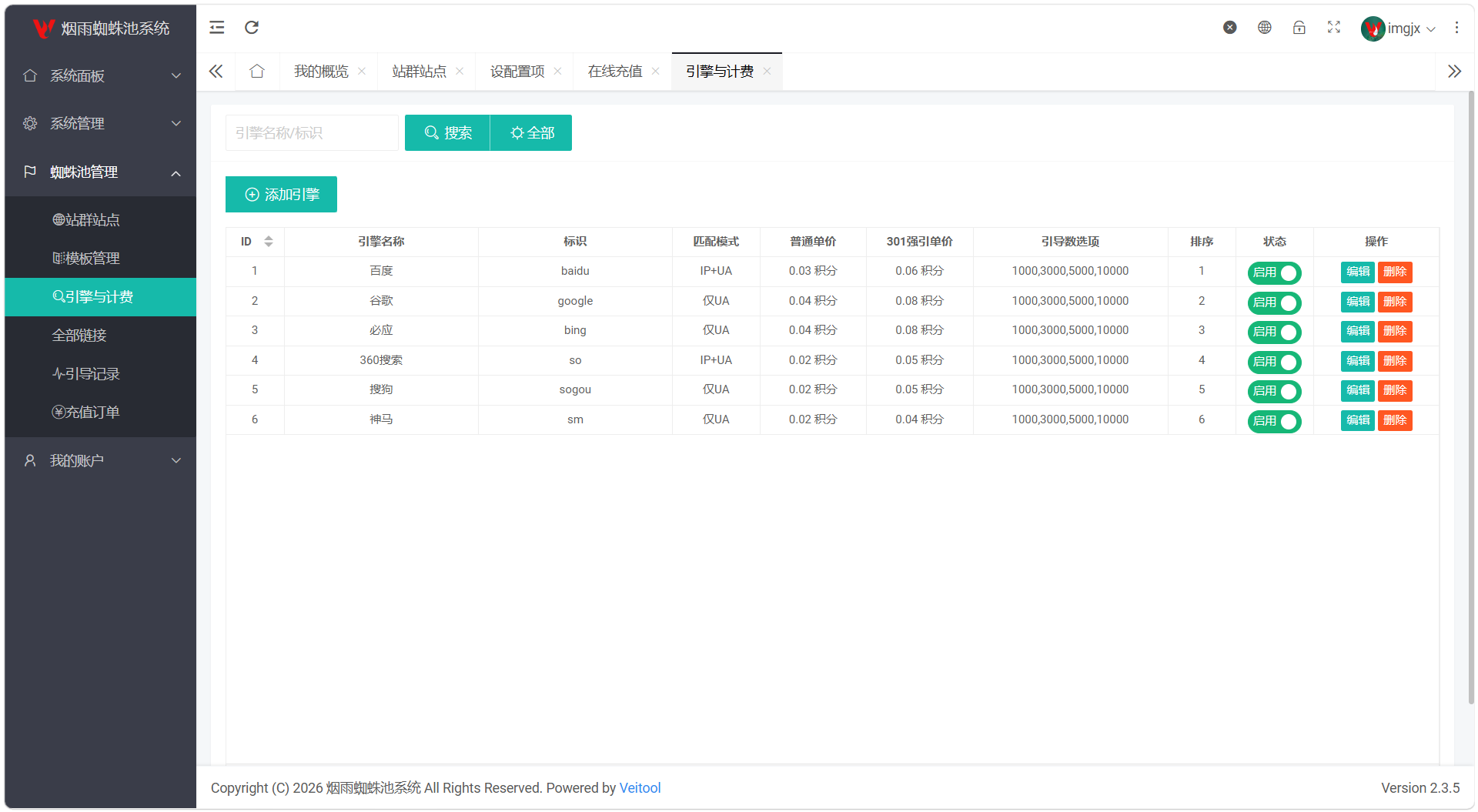87c5796e2168ab914efa285a9787c28b.png 最新多用户站群蜘蛛池/SaaS系统/积分/六大引擎计费/易支付对接