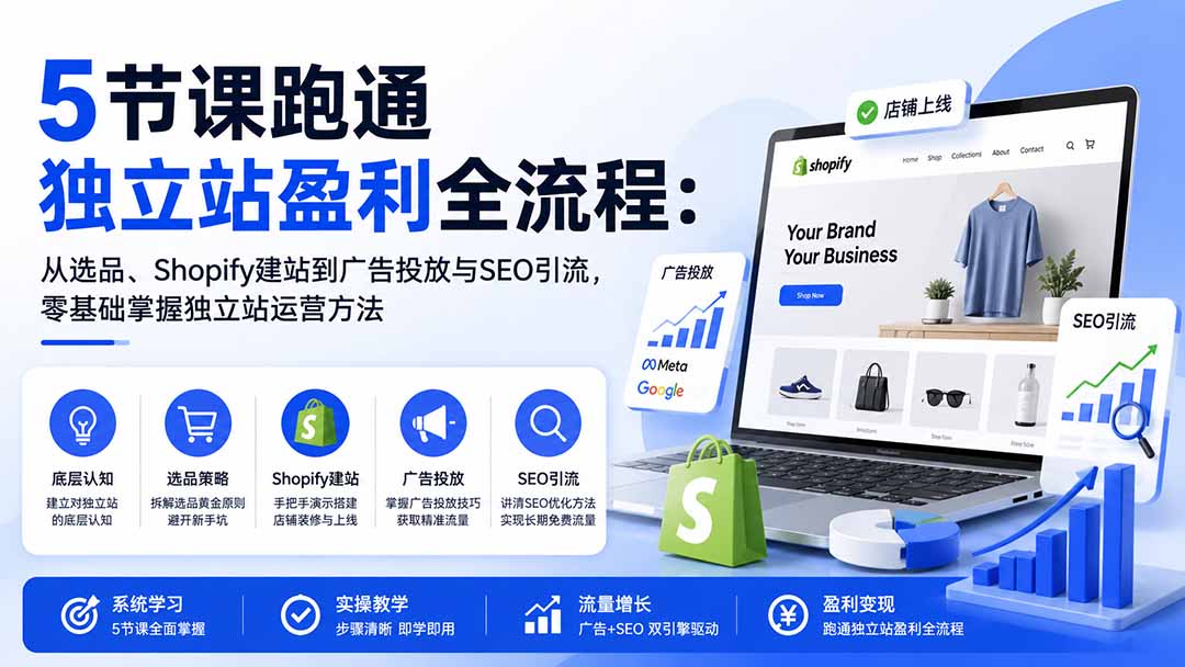 5节课跑通独立站盈利全流程：从选品、Shopify建站到广告投放与SEO引流，零基础掌握独立站运营方法