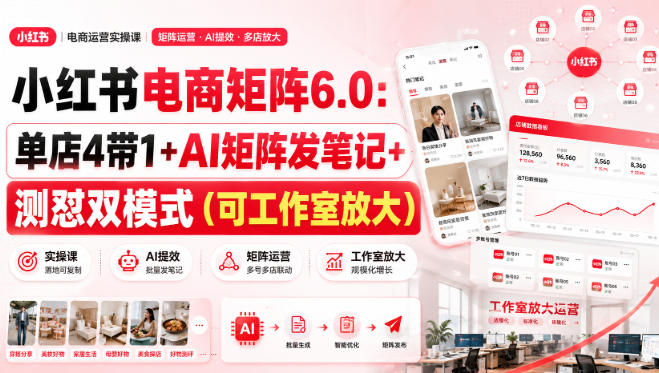 f898f705dccb32d4c43d708e0b0e0652.jpeg 小红书电商矩阵6.0:单店4带1+AI矩阵发笔记+测怼双模式(可工作室放大)