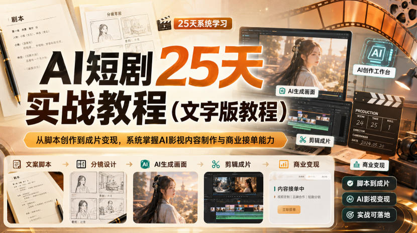 AI短剧25天实战教程(文字版教程)，从脚本创作到成片变现，系统掌握AI影视内容制作与商业接单能力网赚项目-副业赚钱-互联网创业-资源整合老八网赚资源