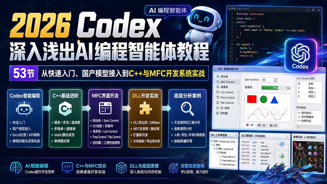 2026 Codex深入浅出AI编程智能体教程：53节从快速入门、国产模型接入到C++与MFC开发系统实战网赚项目-副业赚钱-互联网创业-资源整合老八网赚资源