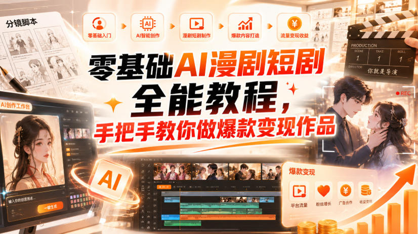 零基础AI漫剧短剧全能教程，从AI智能体搭建、文案脚本分镜、多平台AI生视频、剪映精修，覆盖全题材创作，手把手教你做爆款变现作品网赚项目-副业赚钱-互联网创业-资源整合老八网赚资源