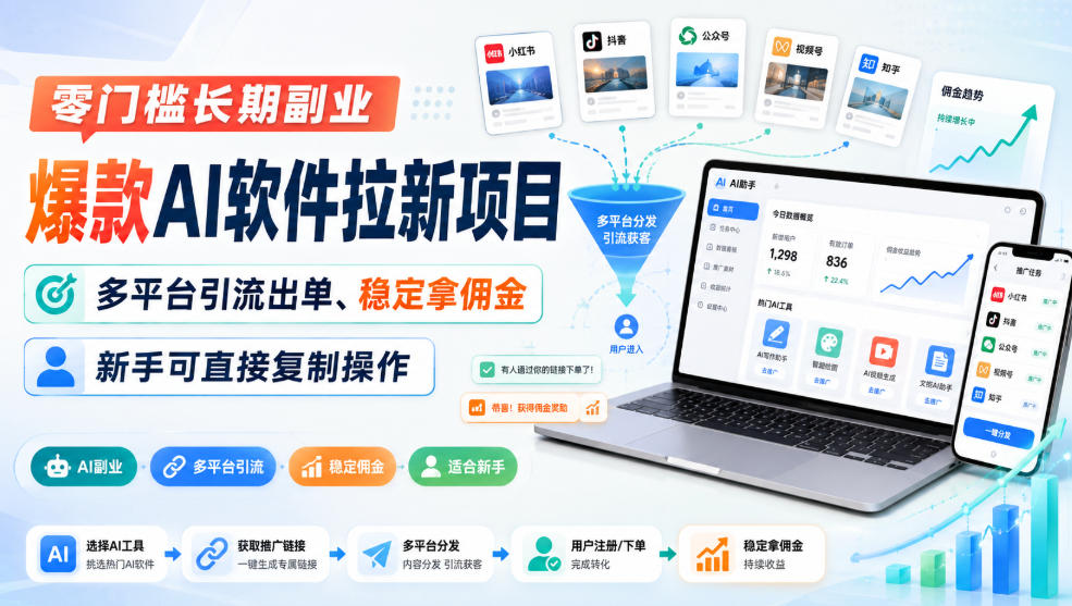 2b772d9180f1de67bf771546e53f56ac.jpeg 零门槛长期副业,爆款AI软件拉新项目,多平台引流出单、稳定拿佣金,新手可直接复制操作