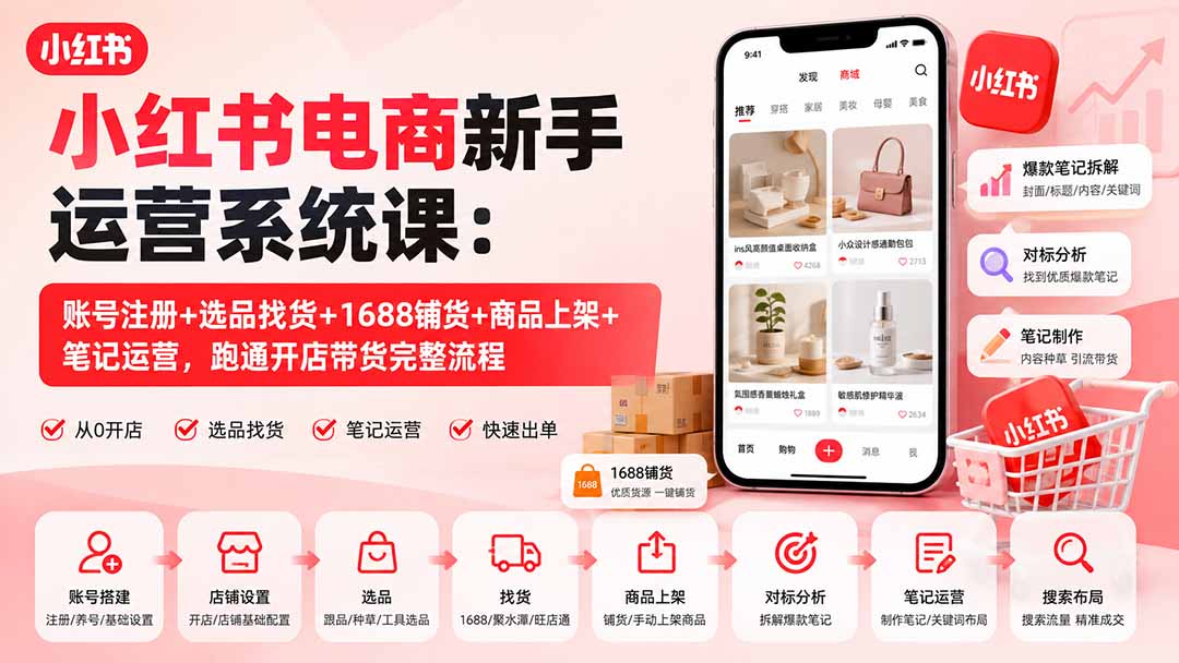 2e58897d03a030a78081ff9574586640.jpeg 小红书电商新手运营系统课:账号注册+选品找货+1688铺货+商品上架+笔记运营,跑通开店带货完整流程