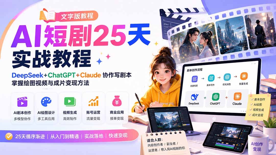 AI短剧25天实战教程(文字版教程网赚项目-副业赚钱-互联网创业-资源整合老八网赚资源