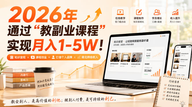 2026年通过“教副业课程”实现月入1-5W！毫无保留的全部教给你，长期稳定【揭秘】网赚项目-副业赚钱-互联网创业-资源整合老八网赚资源