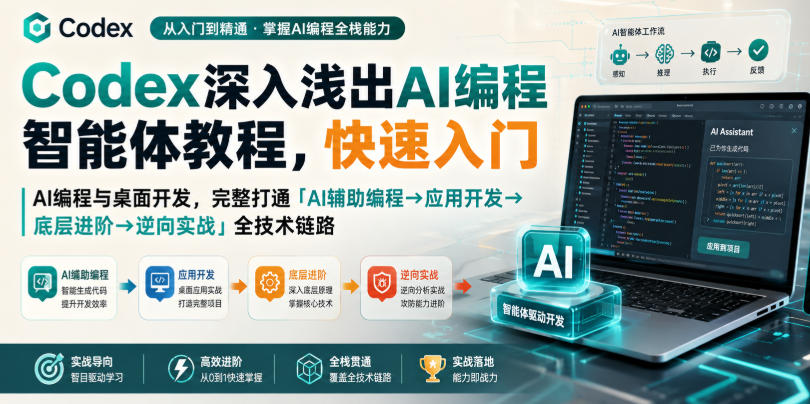 fb8a37c0448f0e61c30b3a12eae499fe.jpeg Codex深入浅出AI编程智能体教程,快速入门AI编程与桌面开发,打通「AI辅助编程→应用开发→底层进阶→逆向实战」全技术链路