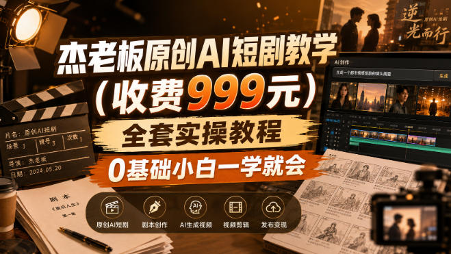 杰老板原创AI短剧教学(收费999元)，全套实操教程，0基础小白一学就会，非搬运技术网赚项目-副业赚钱-互联网创业-资源整合老八网赚资源