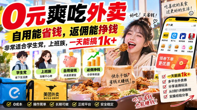 0元爽吃外卖，自用能省钱，返佣能挣钱，非常适合学生党，上班族，一天能搞1k+网赚项目-副业赚钱-互联网创业-资源整合老八网赚资源
