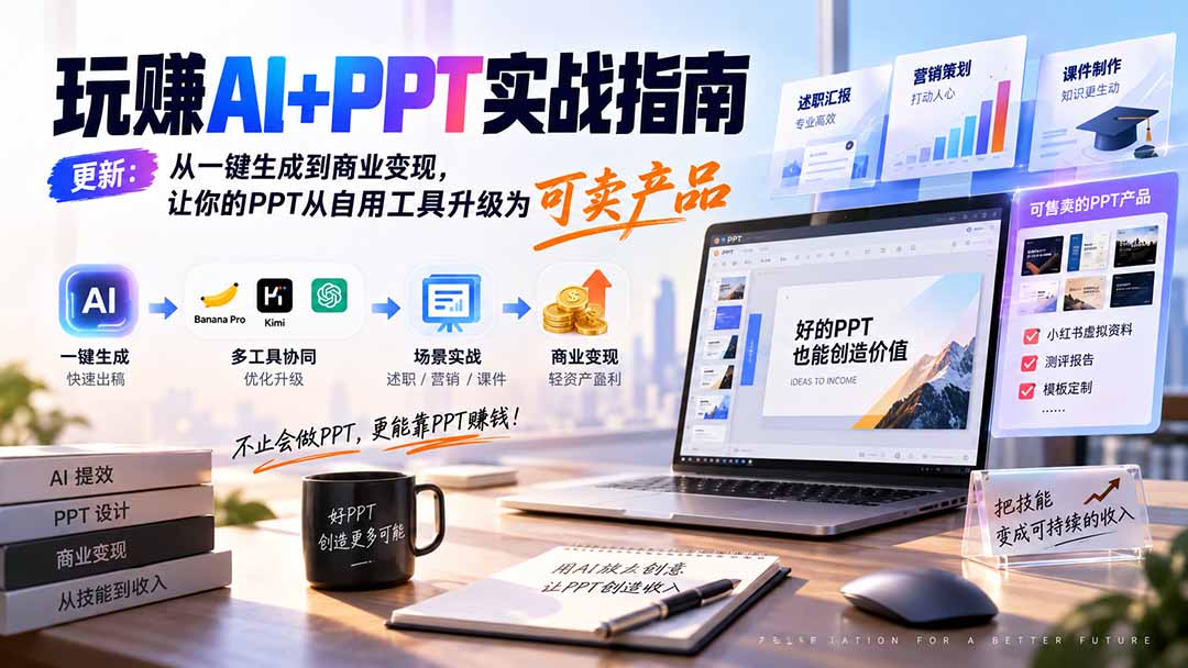 玩赚AI+PPT实战指南-更新5月13：从一键生成到商业变现，让你的PPT从自用工具升级为可卖产品网赚项目-副业赚钱-互联网创业-资源整合老八网赚资源