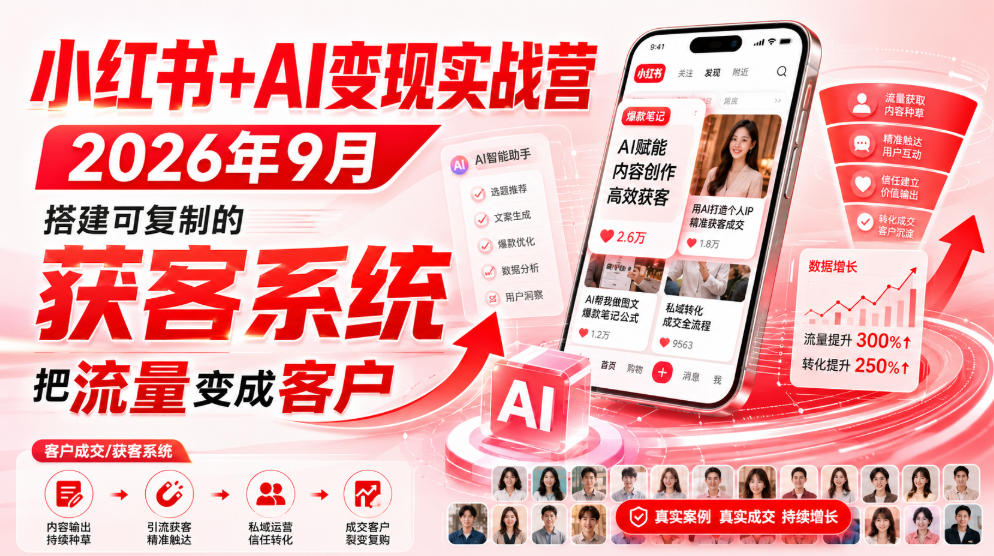 ca0183aad794328686642cb27a6001dc.jpeg 小红书+AI变现实战营2026年9月,搭建可复制的获客系统,把流量变成客户!