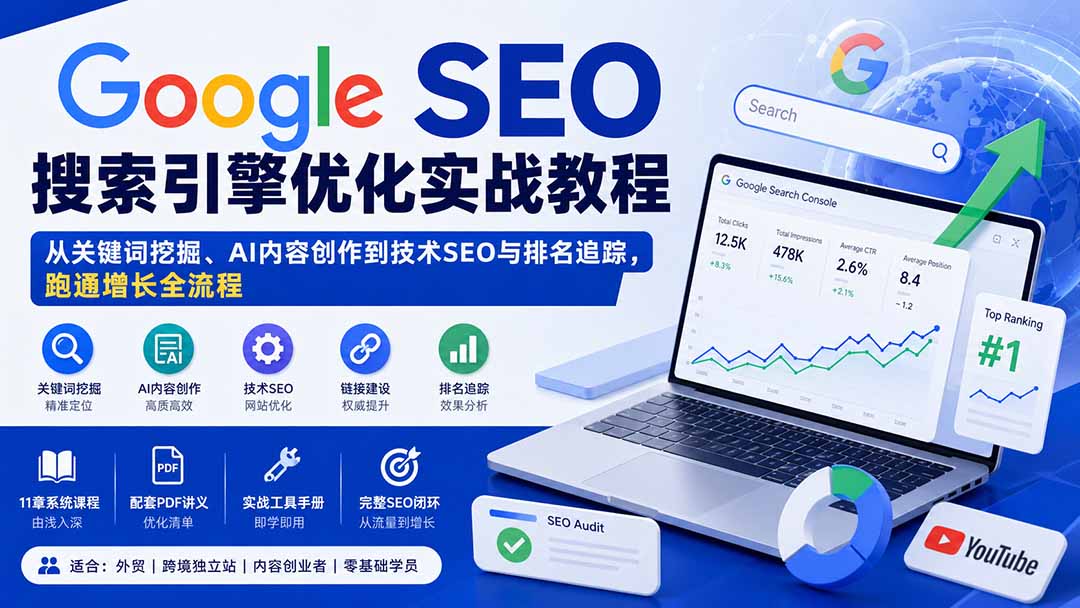 d0a419e8da85cc98854f8142b0199d2f.jpeg Google SEO搜索引擎优化实战教程:从关键词挖掘、AI内容创作到技术SEO与排名追踪,跑通增长全流程
