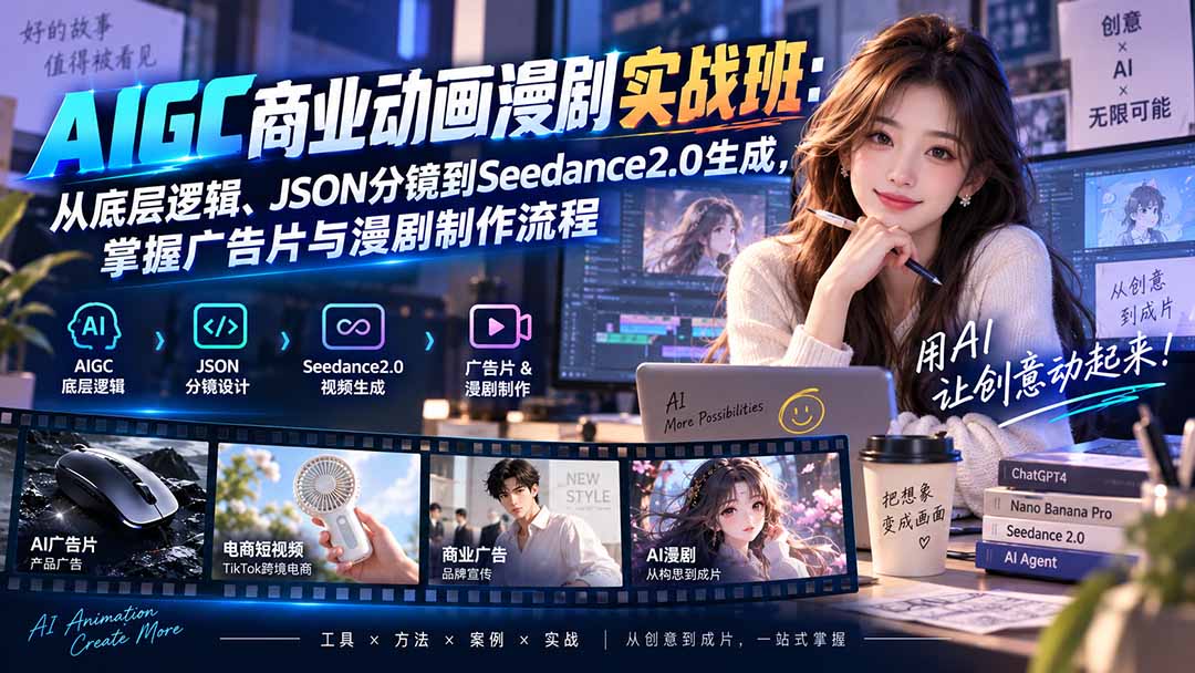 AIGC商业动画漫剧实战班-更新：从底层逻辑、JSON分镜到Seedance2.0生成，掌握广告片与漫剧制作流程网赚项目-副业赚钱-互联网创业-资源整合老八网赚资源