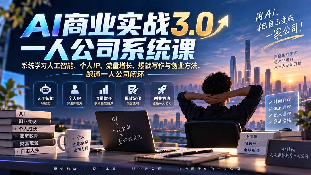 1c0da320193f3bf8a738cf264cae8758.jpeg AI商业实战3.0一人公司系统课:系统学习人工智能、个人IP、流量增长、爆款写作与创业方法,跑通一人公司闭环