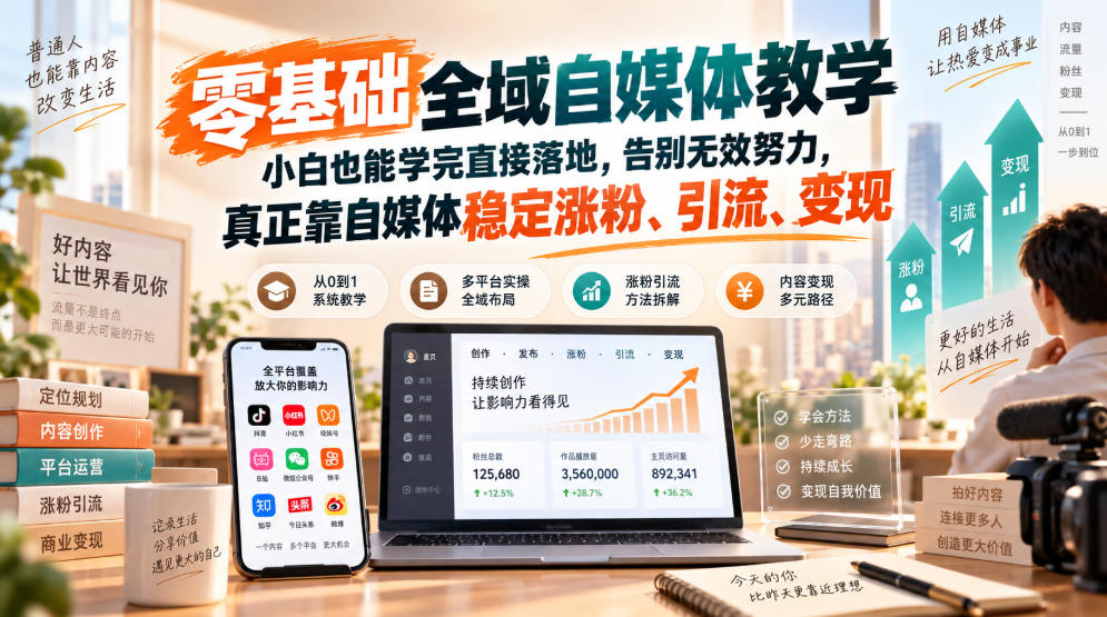零基础全域自媒体教学，小白也能学完直接落地，告别无效努力，真正靠自媒体稳定涨粉、引流、变现网赚项目-副业赚钱-互联网创业-资源整合老八网赚资源