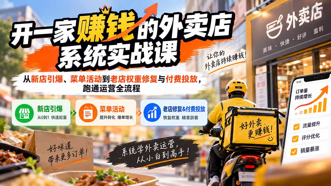 3c4938d514fbcdcf1e9edf8801a1ae2a.jpeg 开一家赚钱的外卖店系统实战课:从新店引爆、菜单活动到老店权重修复与付费投放,跑通运营全流程