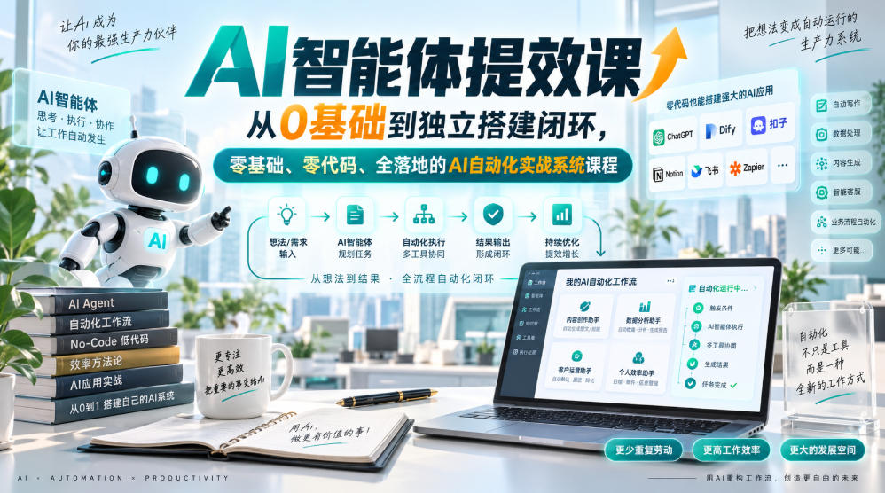 AI智能体提效课，从0基础到独立搭建闭环，零基础、零代码、全落地的AI自动化实战系统课程网赚项目-副业赚钱-互联网创业-资源整合老八网赚资源