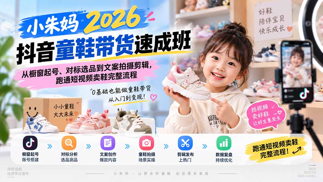 小朱妈2026抖音童鞋带货速成班：从橱窗起号、对标选品到文案拍摄剪辑，跑通短视频卖鞋完整流程网赚项目-副业赚钱-互联网创业-资源整合老八网赚资源