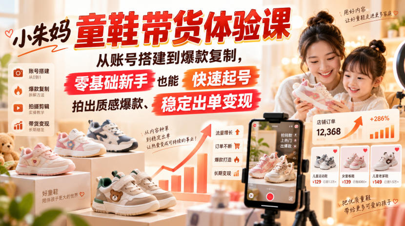 小朱妈童鞋带货体验课，从账号搭建到爆款复制，零基础新手也能快速起号、拍出质感爆款、稳定出单变现网赚项目-副业赚钱-互联网创业-资源整合老八网赚资源